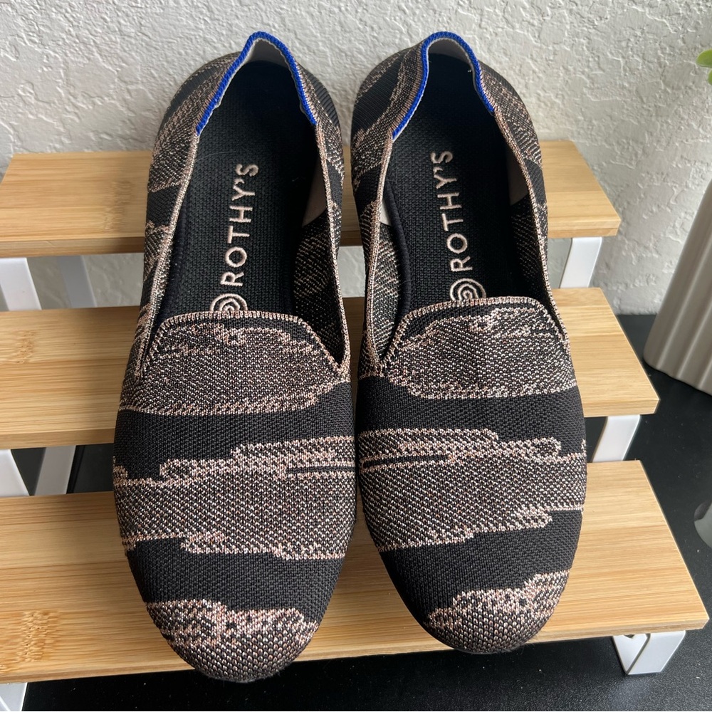Rothy's Black and Tan Knit Slip-On Loafers